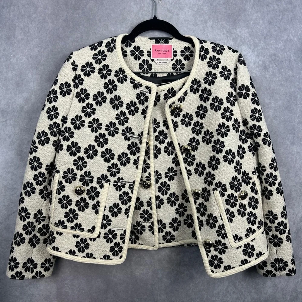 Kate‎ Spade Tweed Jacket skirt suit Career Office Cream&black Floral Size 4